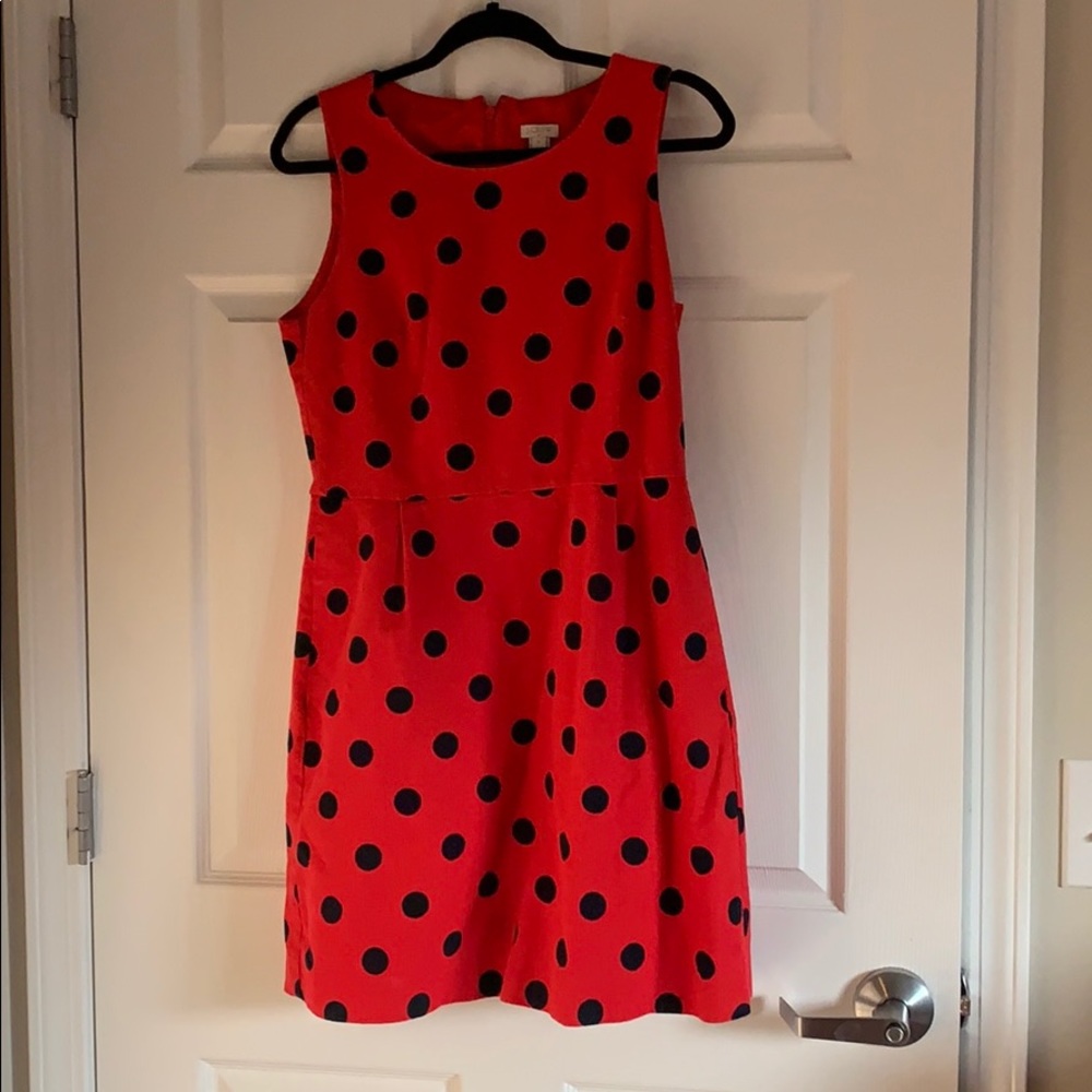 J. Crew dress- bright red with navy polka dots